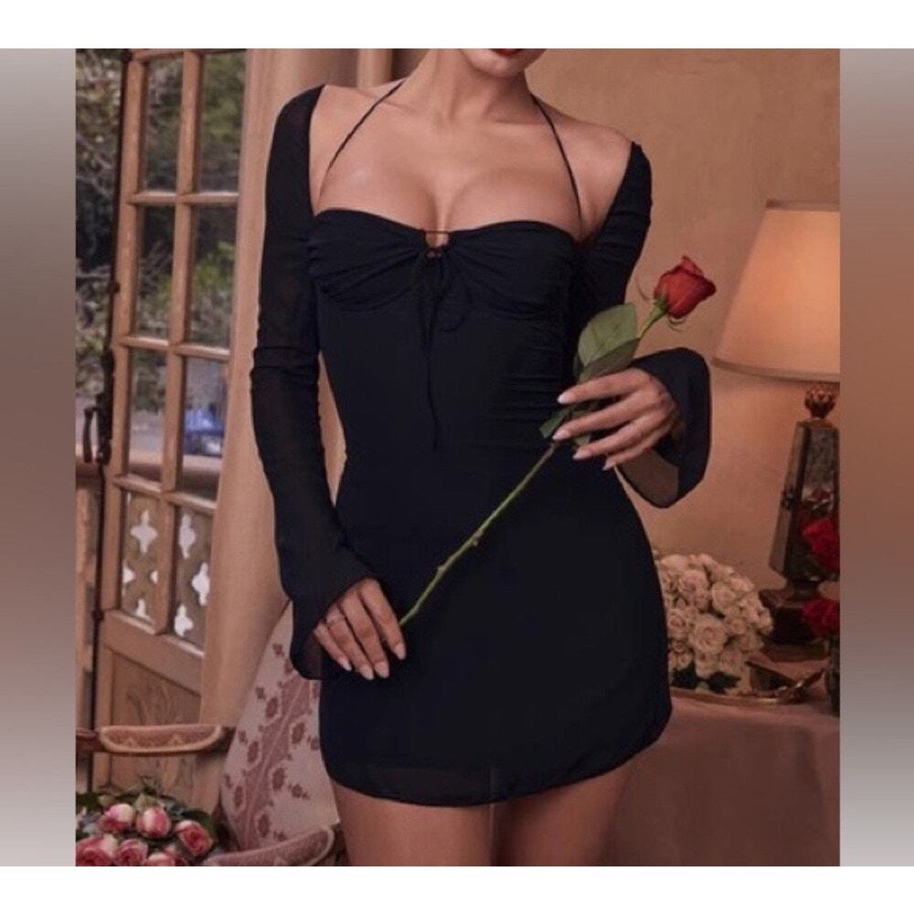 House of CB BabyDoll Black Chiffon Halter Mini Dress Size L+ and Bigger Cup